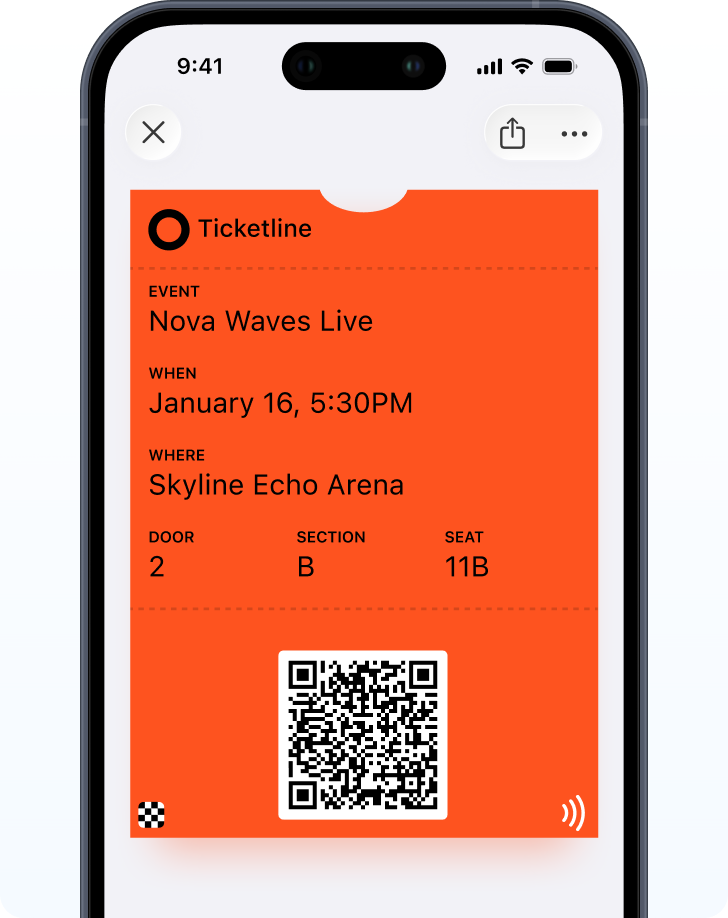 ตั๋วอีเวนต์ใน Apple Wallet พร้อม QR code ขนาดใหญ่สำหรับสแกนที่ทางเข้าสถานที่จัดงาน