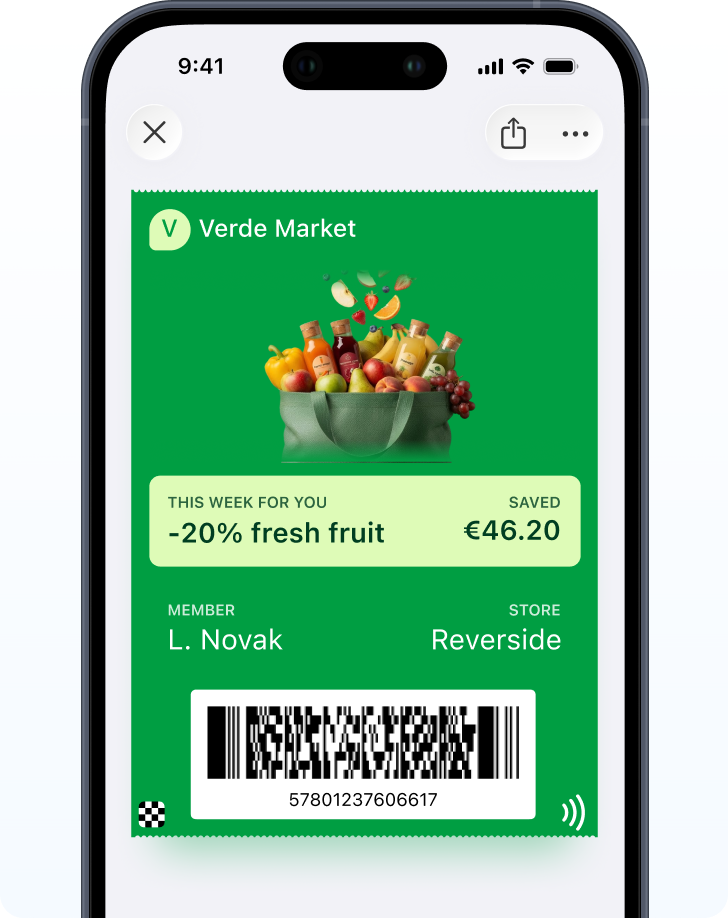 A grocery loyalty pass in Apple Wallet with a personal weekly offer, total savings, member name, store and a barcode