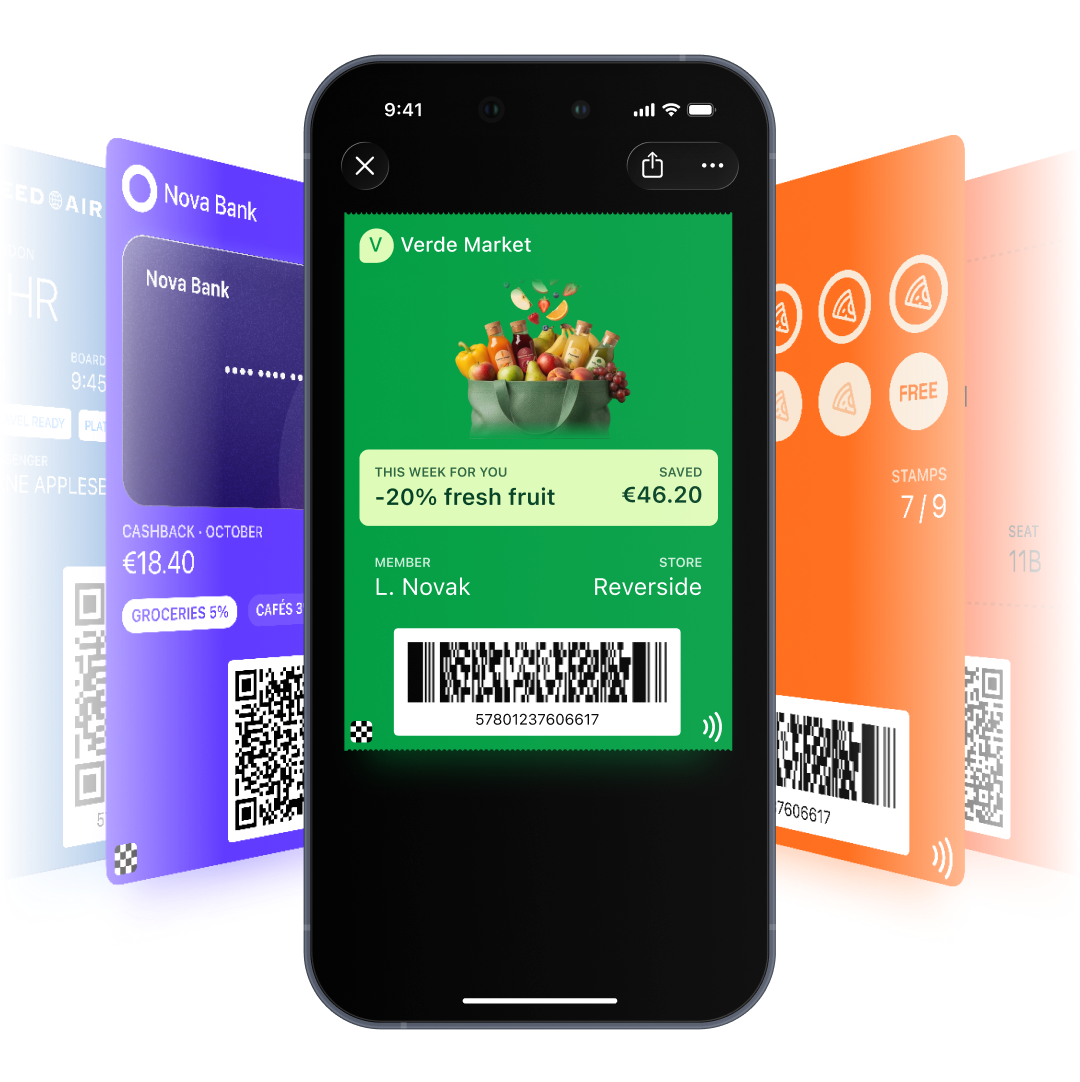 A loyalty pass on a phone surrounded by cashback, stamp and membership passes in Apple Wallet