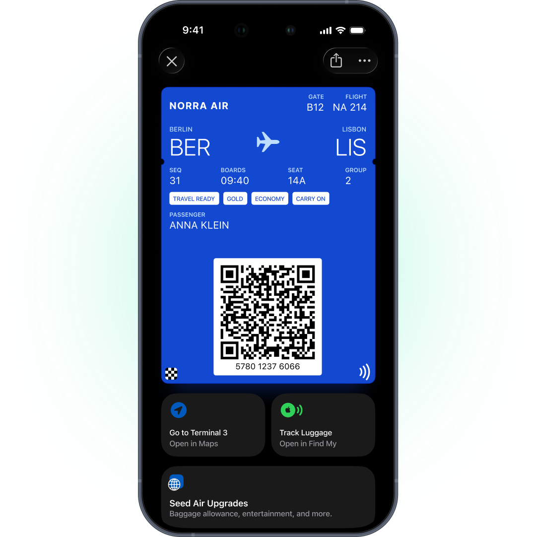 Bordkarte von Seed Air in Apple Wallet mit Strecke, Gate, Sitzplatz, Boarding-Zeit und Flughafen-Verknüpfungen darunter