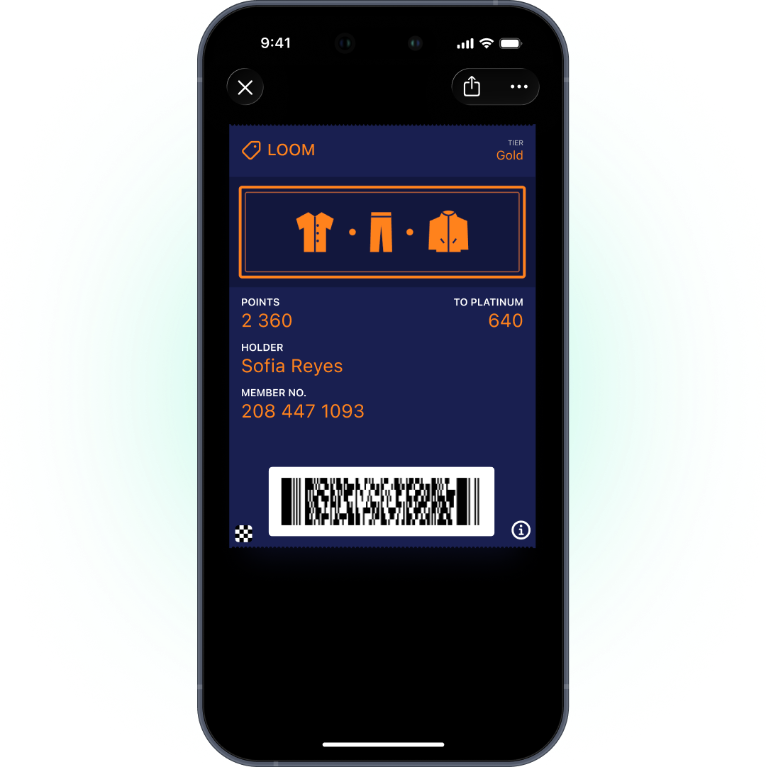 Green Uniform Goods store pass in Apple Wallet with a points balance, holder name, member ID and a checkout barcode