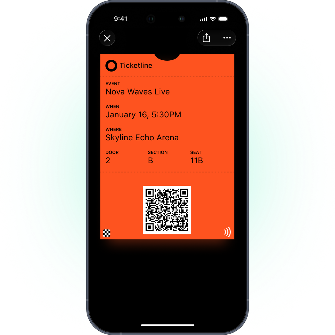 Eintrittskarte von Ticketline in Apple Wallet für Nova Waves Live mit Datum, Veranstaltungsort, Eingang, Block und Sitzplatz