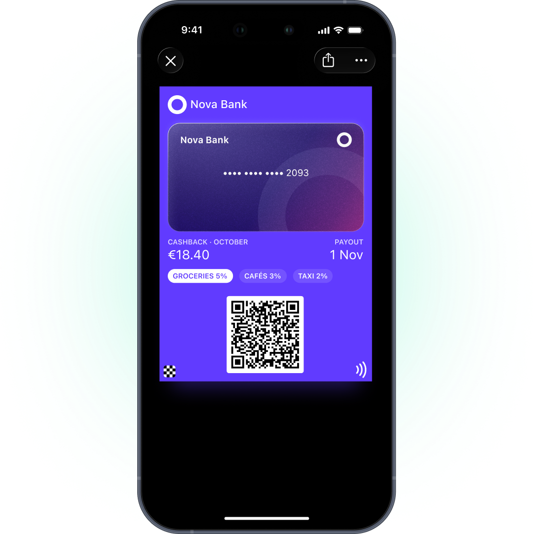 Nova Bank rewards pass in Apple Wallet with October cashback, payout date, category rates and a QR code
