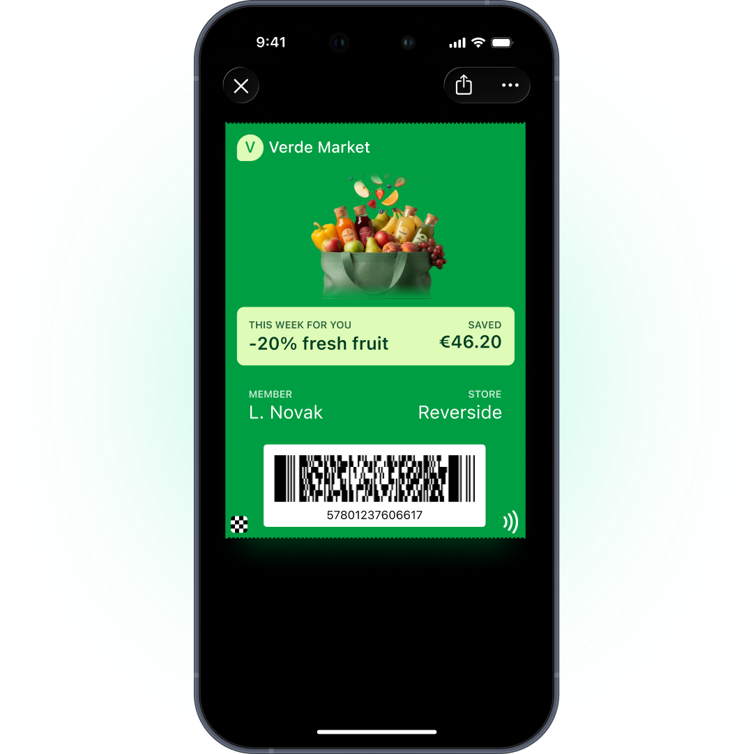 Verde Market loyalty pass in Apple Wallet with this week's fresh fruit offer, savings total, member and store, and a checkout barcode