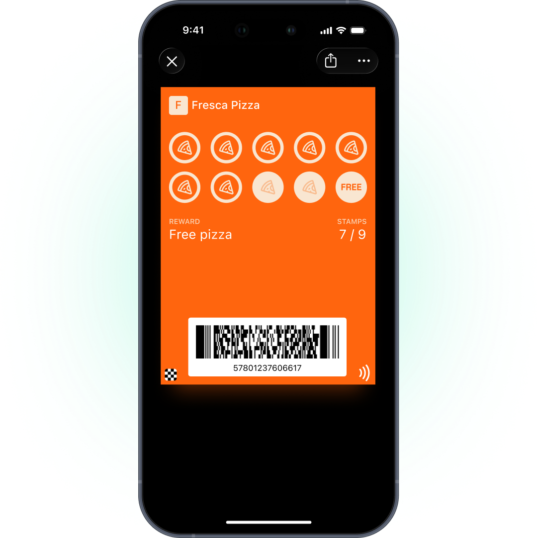 Ein Restaurant-Pass von Fresca Pizza in Apple Wallet mit Prämie, Stempeln und Barcode