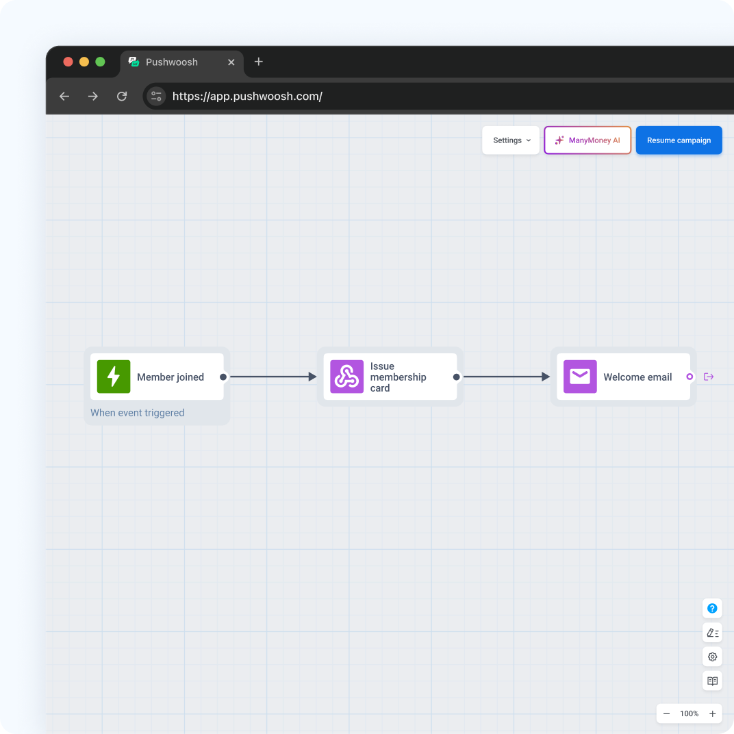 Customer Journey in Pushwoosh, in der ein Beitritts-Event eine Mitgliedskarte ausstellt und die Willkommens-E-Mail den Link zustellt