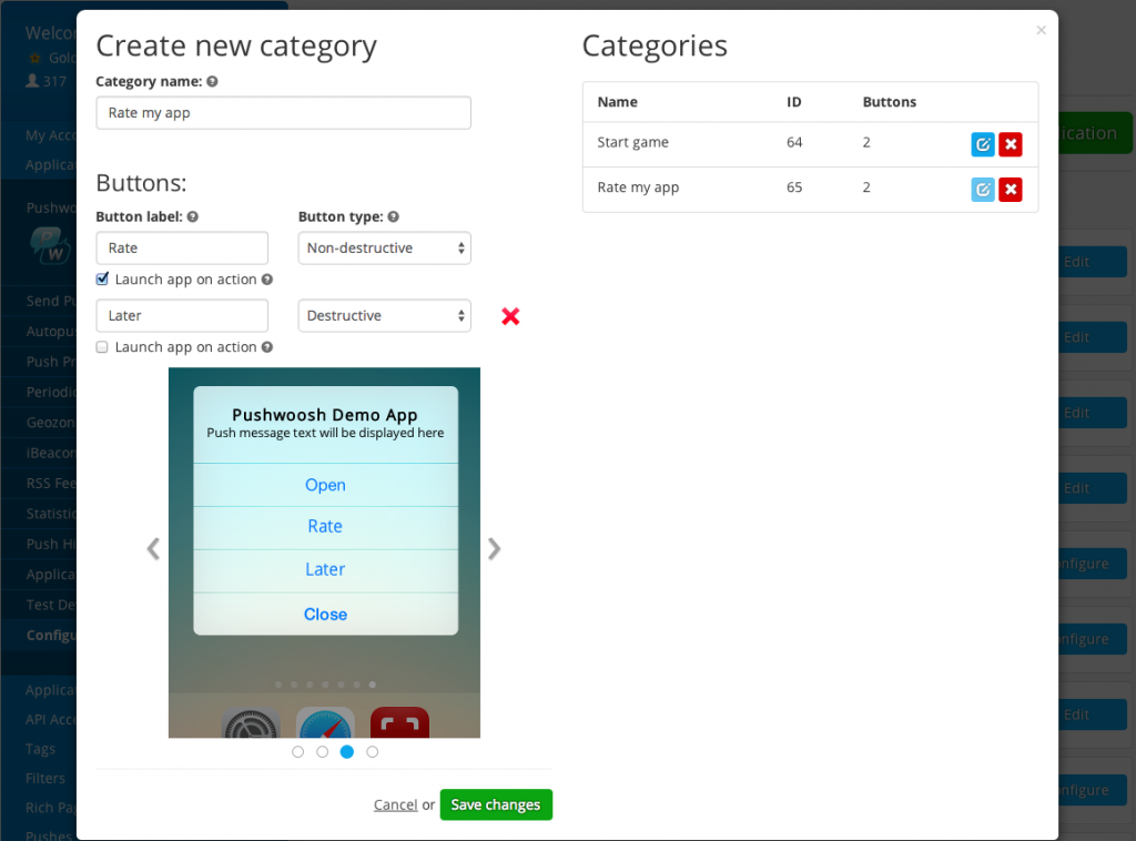 Pushwoosh / Applications / Pushwoosh Demo App / Configure / iOS 8 Categories